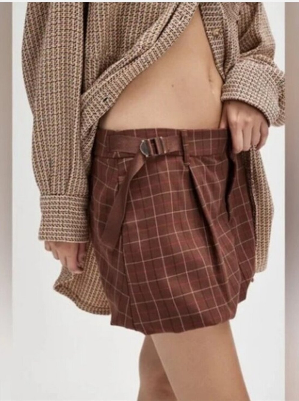 New Free People Brown Plaid Bubble Mini Skirt Size 0 NWOT